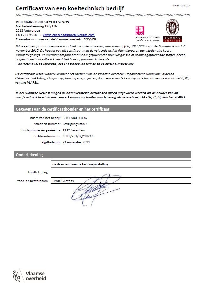 Certificaat van een koeltechnisch bedrijf Bert Muller Belgie